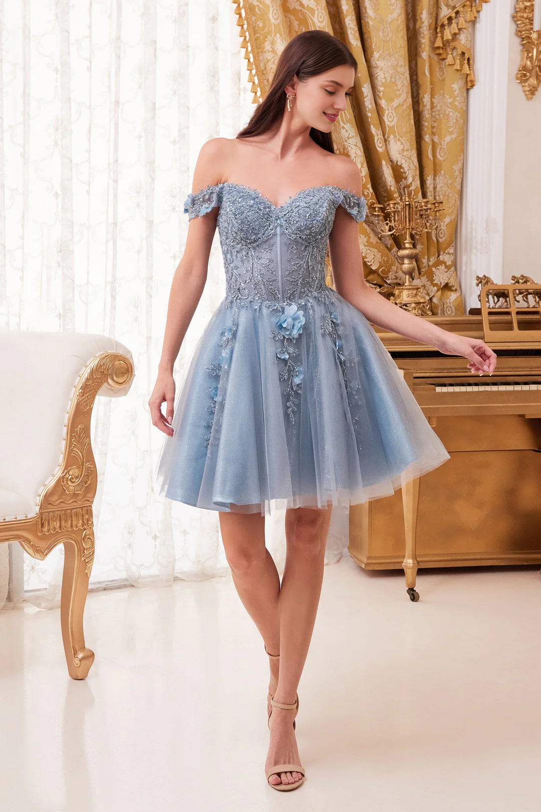 Dusty Blue Off-the-Shoulder Sweetheart A-Line Short Bridesmaid Dress