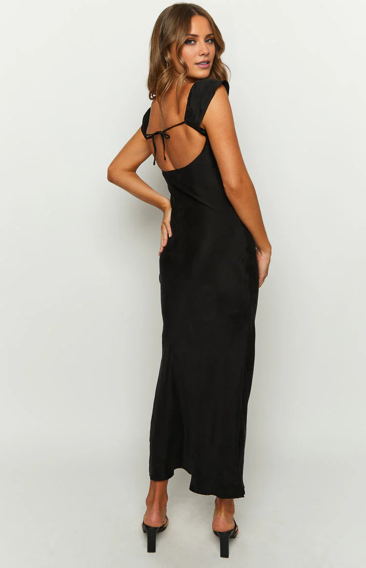 Black Crepe Sweetheart Sheath/Column Midi Dress with Ruffled Straps