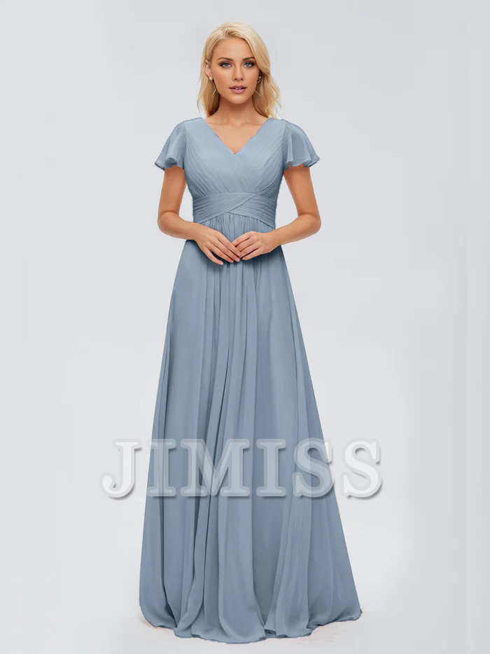 Abito da damigella d'onore in chiffon con scollo a V, spacco laterale e lunghezza al pavimento