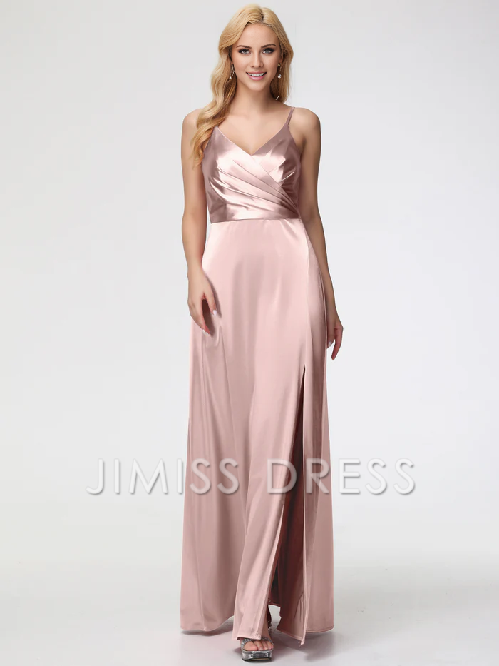 Vestido de fiesta Jimiss de satén plisado con escote en V y tirantes finos