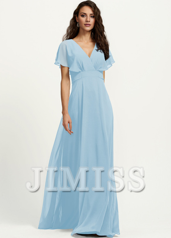 Abito da damigella d'onore in chiffon lungo fino al pavimento, con scollo a V e linea ad A