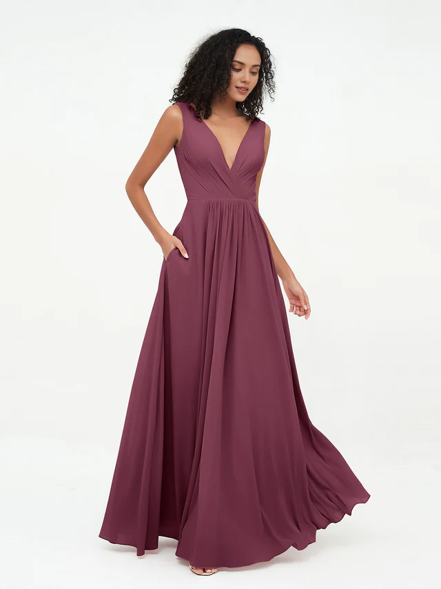 Olive Green Chiffon A-Line V-Neck Floor-Length Bridesmaid Dress with Pockets