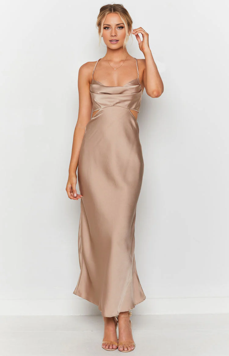 Vestido de fiesta Jimiss con cuello de bufanda, hombros descubiertos, sin mangas, tirantes finos, espalda descubierta y largo hasta el suelo