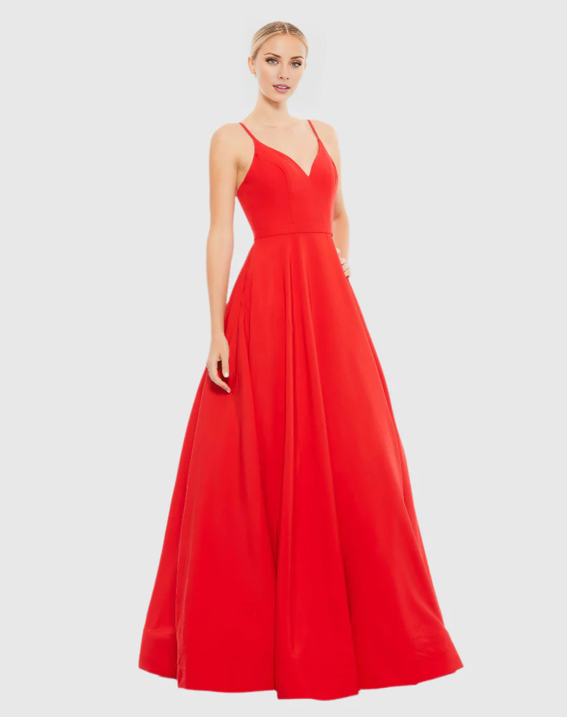 Vestido de noche largo hasta el suelo, sin mangas, con escote en V y tirantes finos