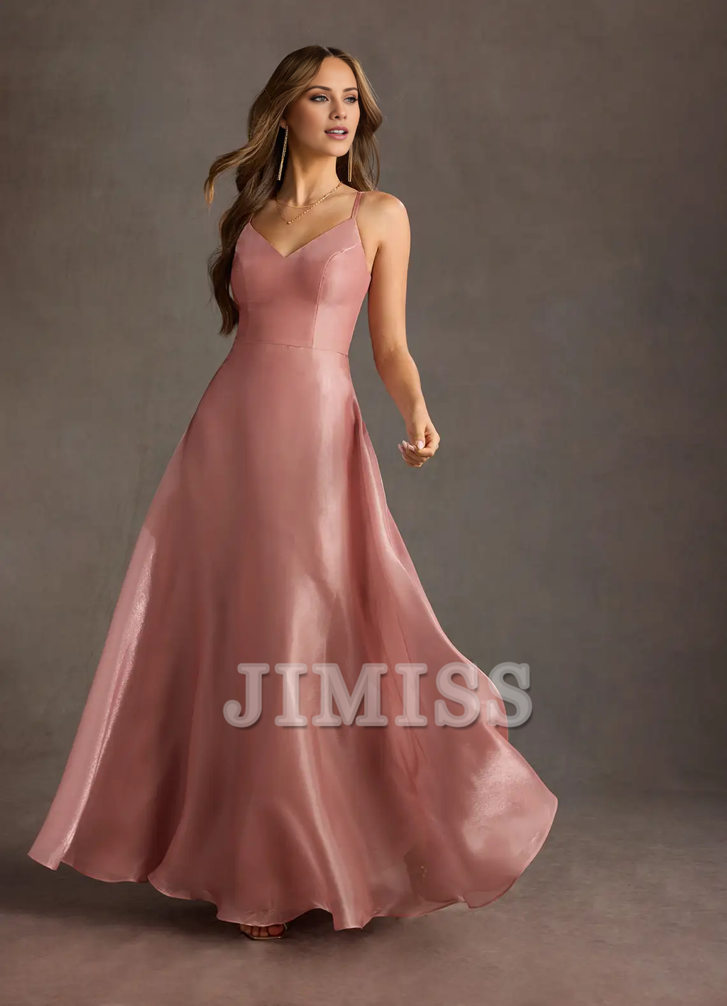 Blushing Pink Satin A-Line Floor-Length V-Neck Bridesmaid Dress