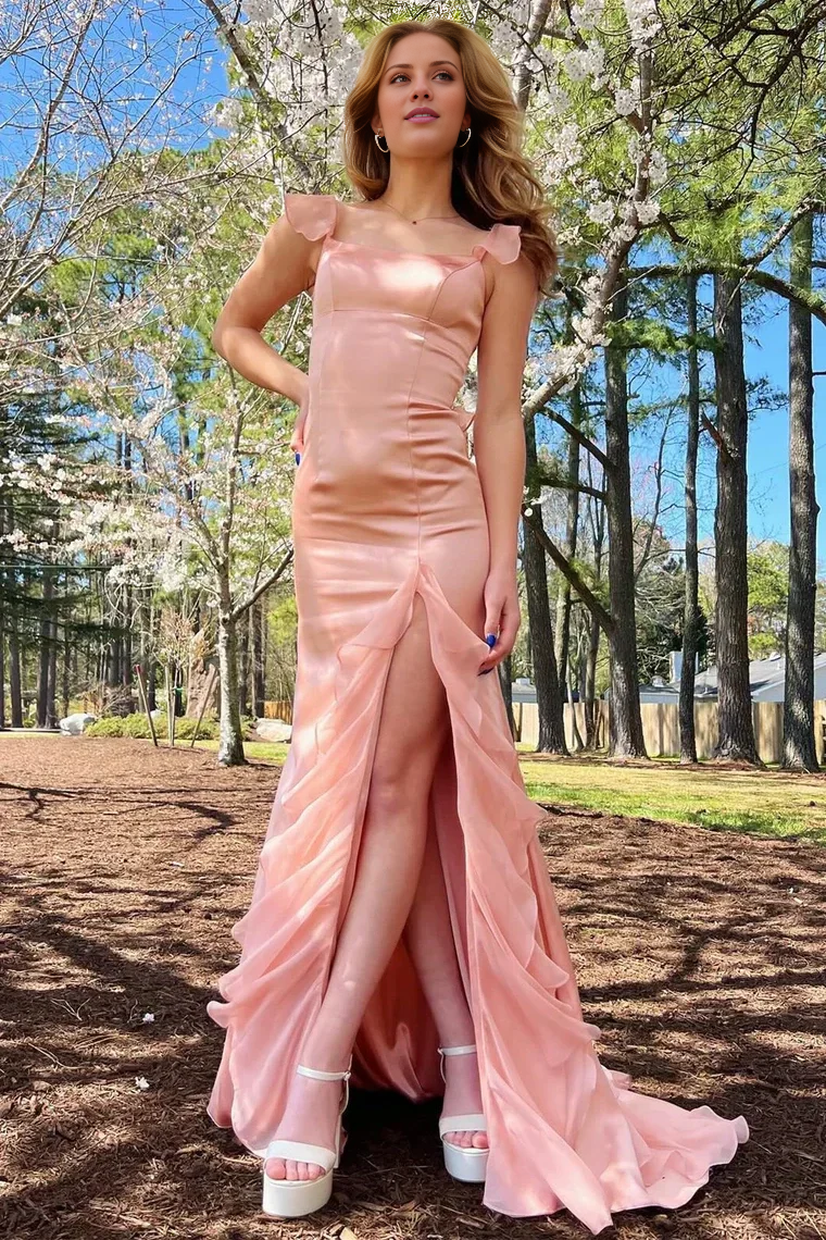 Emerald Satin Square Neck Sheath Floor-Length Bridesmaid Dress with Ruffled Cap Sleeves