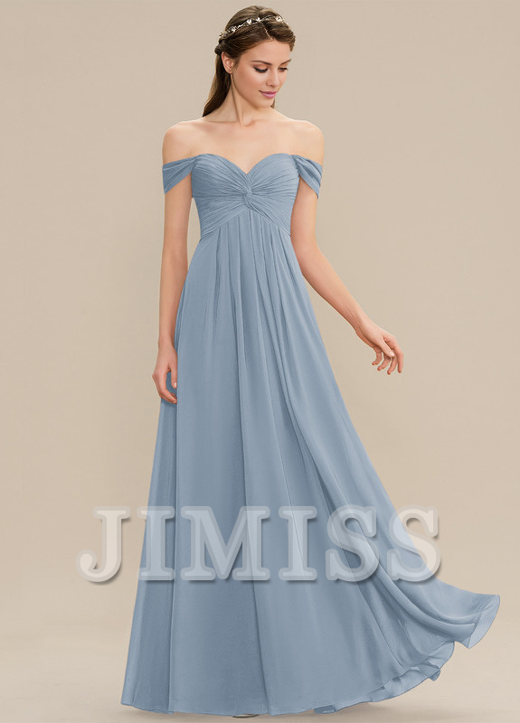 Vestido de dama de honor de gasa con volantes, corte A, hombros descubiertos y largo hasta el suelo