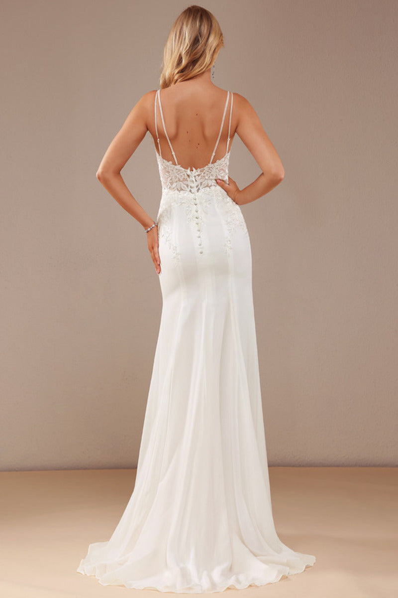 Ivory Lace A-Line Floor-Length Bridesmaid Dress with V-Neck