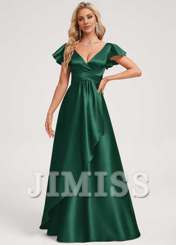 Vestido de dama de honor de satén con volantes, escote en V y largo hasta el suelo