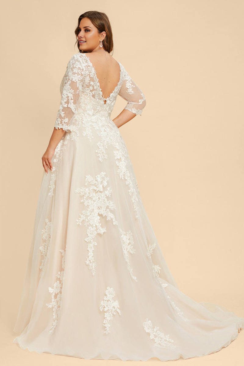 Abito da sposa in chiffon e pizzo con paillettes, a trapezio, scollo a V, gonna ampia e strascicata, maniche a 3/4