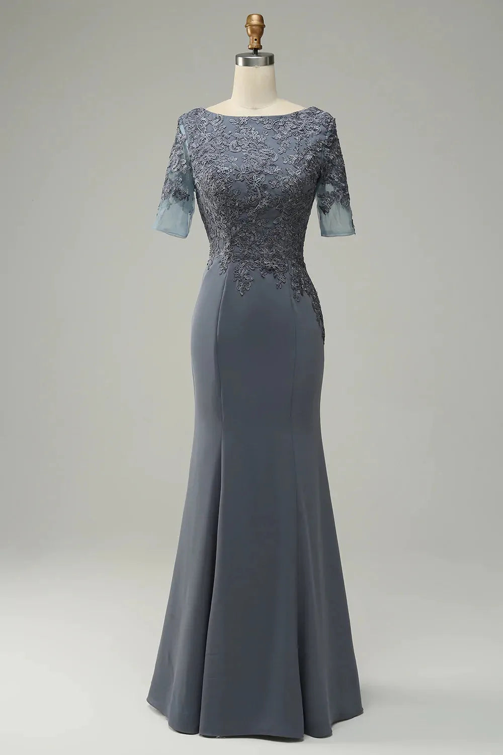 Slate Blue Crepe Mermaid Floor-Length Dress with Lace Bodice for Wedding Guests & Formal Events