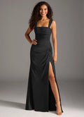 Black Chiffon A-Line Floor-Length Dress with Square Neck, Ruched Bodice & High Slit