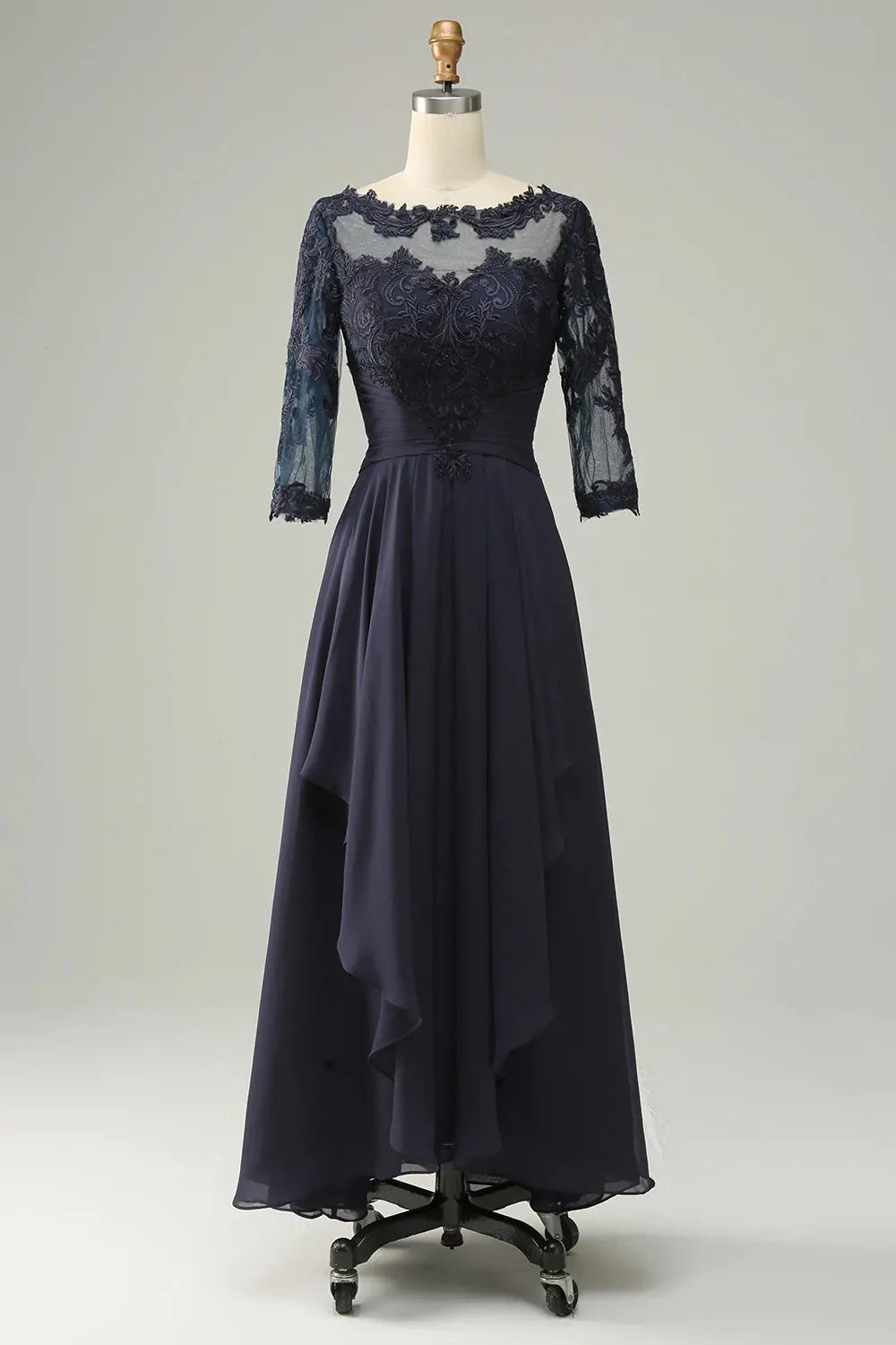 Dark Navy Chiffon A-Line Tea-Length Evening Dress - Lace Bodice & Illusion Neck