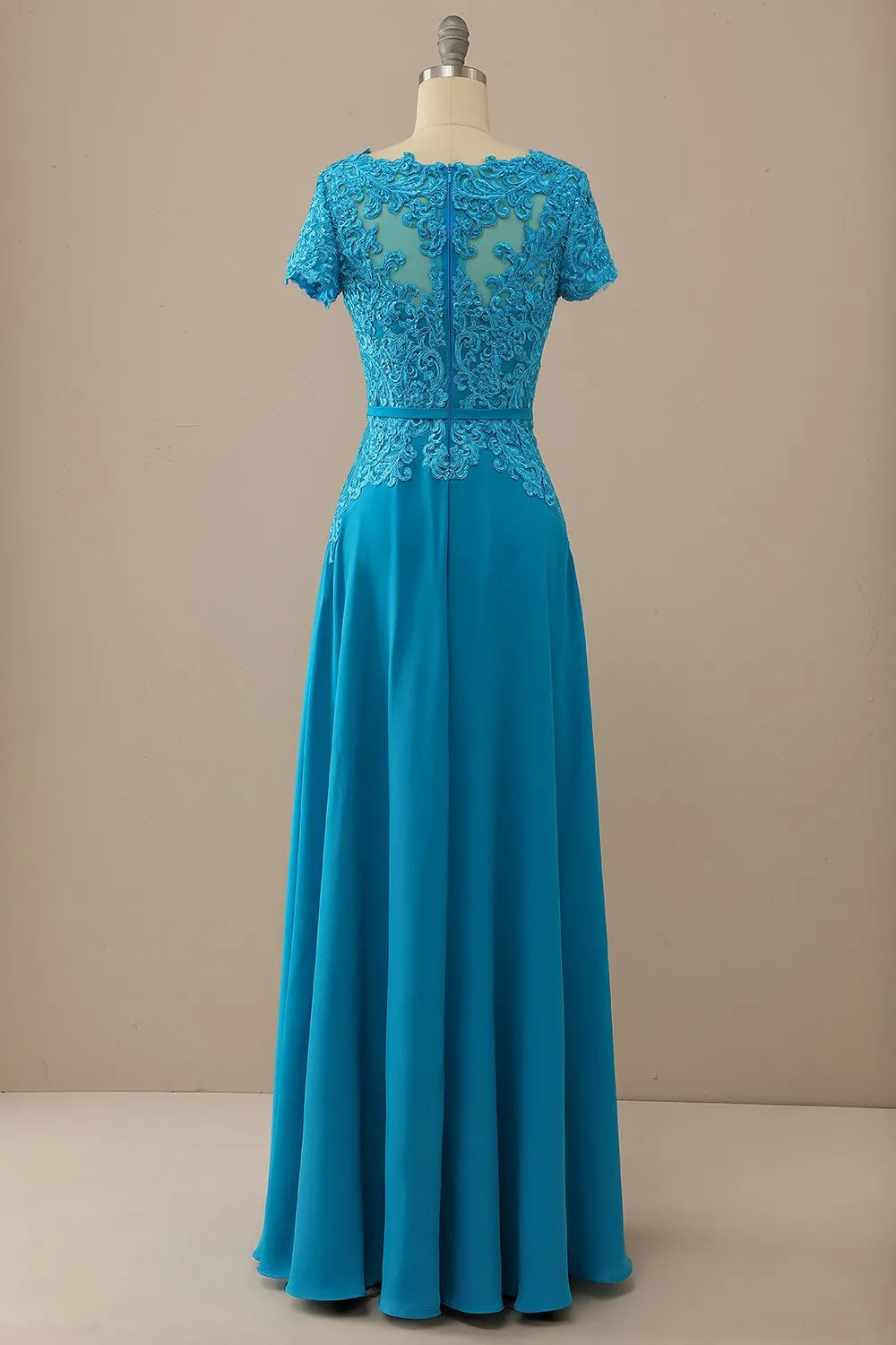 Blue Chiffon A-Line Floor-Length Dress with Lace bodice + Short sleeves