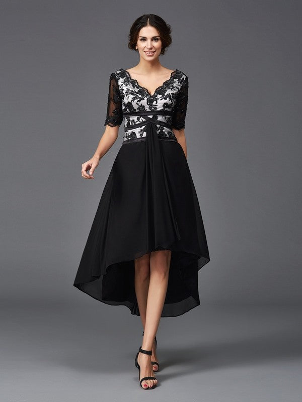 Black Chiffon A-Line Asymmetrical V-Neck Evening Dress with Lace Bodice & High-Low Hem