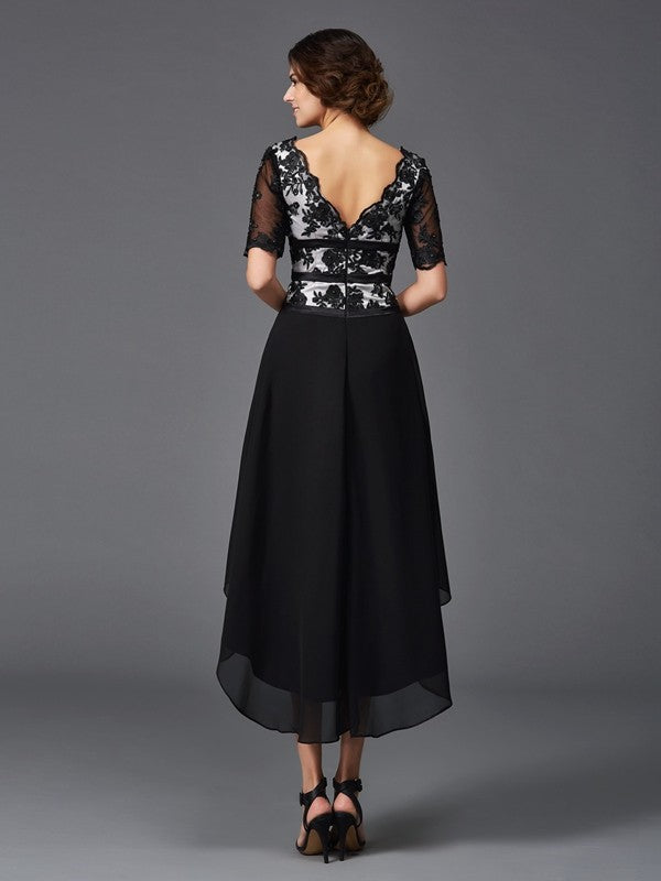 Black Chiffon A-Line Asymmetrical V-Neck Evening Dress with Lace Bodice & High-Low Hem