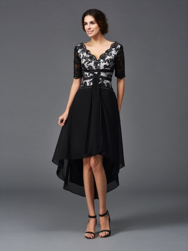 Black Chiffon A-Line Asymmetrical V-Neck Evening Dress with Lace Bodice & High-Low Hem