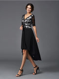 Black Chiffon A-Line Asymmetrical V-Neck Evening Dress with Lace Bodice & High-Low Hem