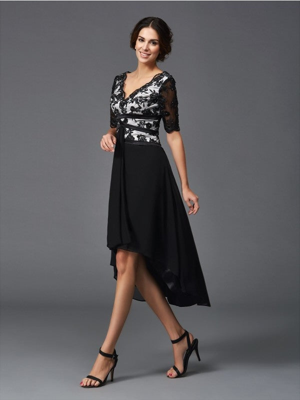 Black Chiffon A-Line Asymmetrical V-Neck Evening Dress with Lace Bodice & High-Low Hem