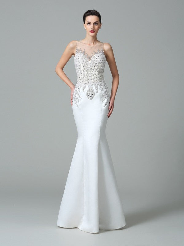 White Satin Mermaid Evening Gown with Illusion Neckline