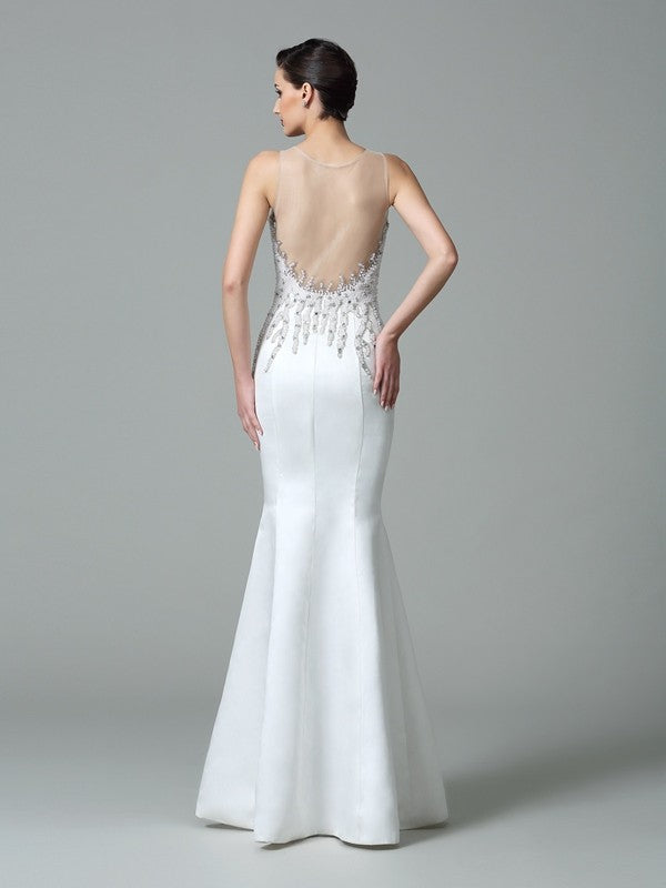 White Satin Mermaid Evening Gown with Illusion Neckline