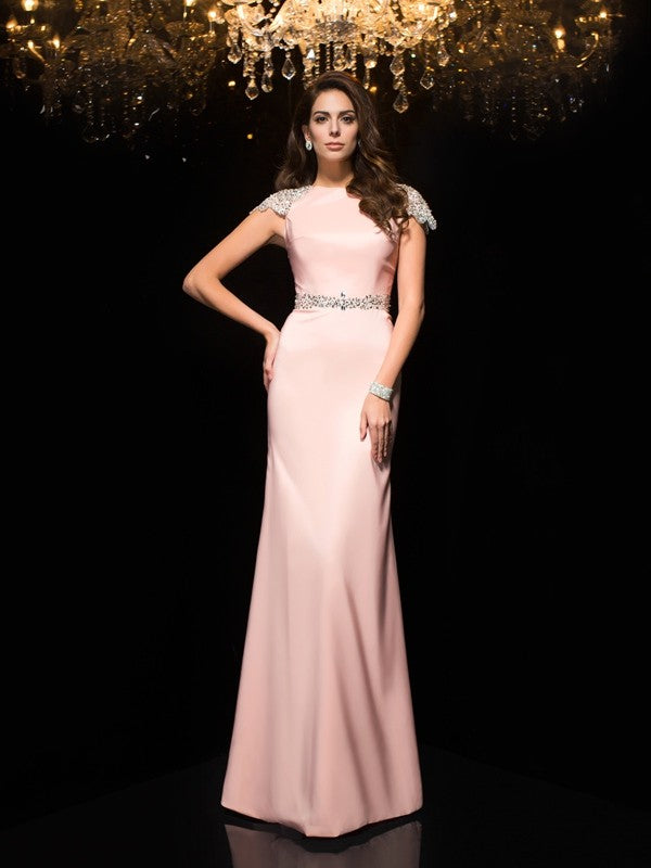 Blushing Pink Satin Sheath/column Floor-Length Evening Dress with Beaded Shoulders