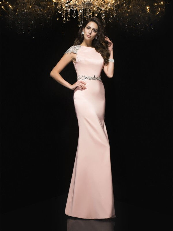 Blushing Pink Satin Sheath/column Floor-Length Evening Dress with Beaded Shoulders