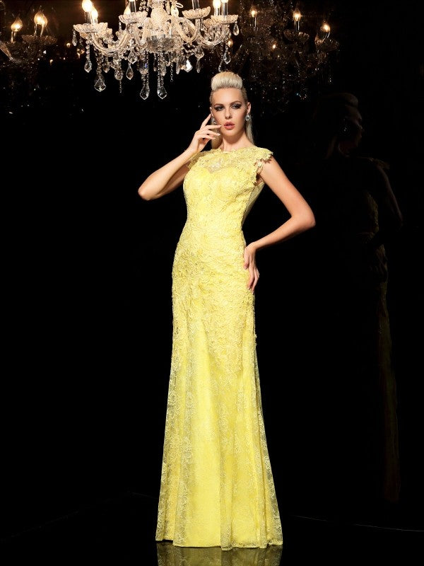 Vestidos largos de gasa sin mangas con encaje y cuello transparente con corte tubo/columna