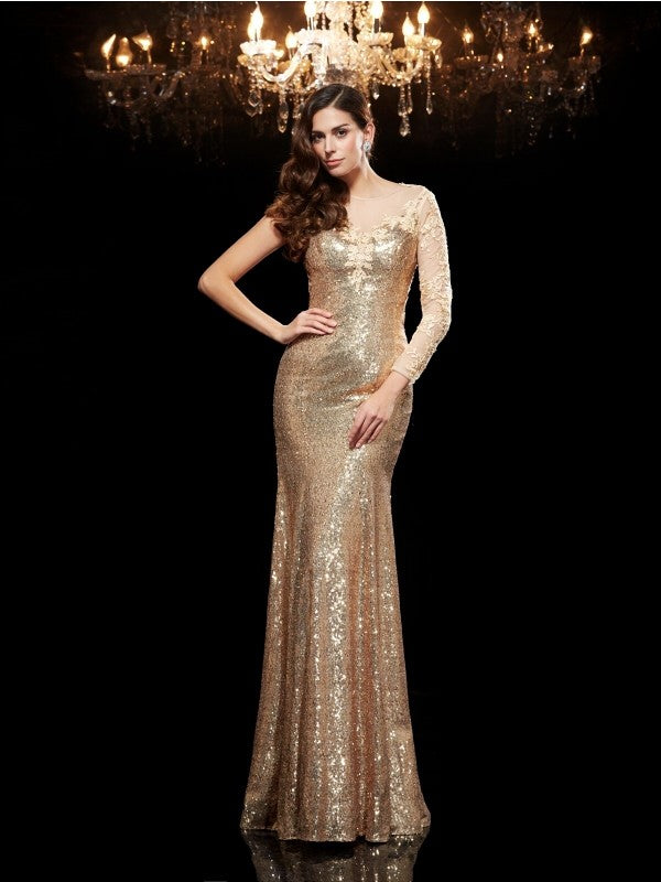 Trumpet/Mermaid Scoop Lace 3/4 Sleeves Long Sequins Dresses