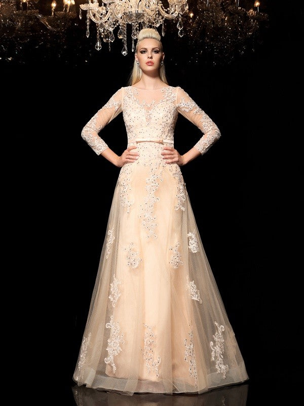 Champagne Tulle A-Line Floor-Length Evening Dress with Illusion Long Sleeves and Beaded Bodice