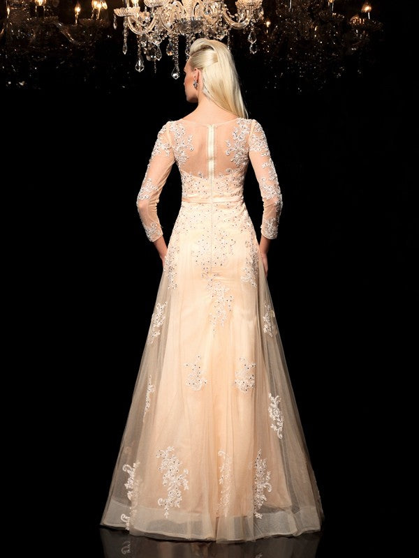Champagne Tulle A-Line Floor-Length Evening Dress with Illusion Long Sleeves and Beaded Bodice
