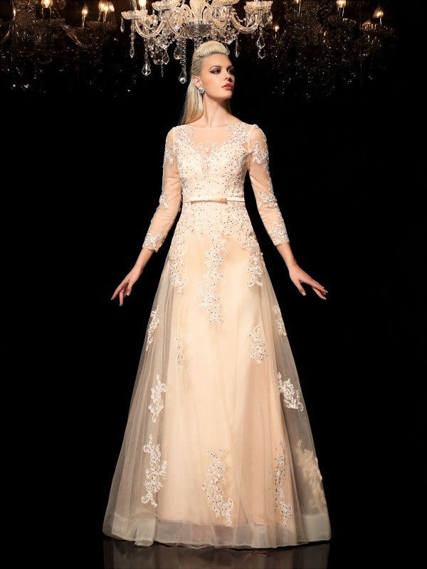 Champagne Tulle A-Line Floor-Length Evening Dress with Illusion Long Sleeves and Beaded Bodice