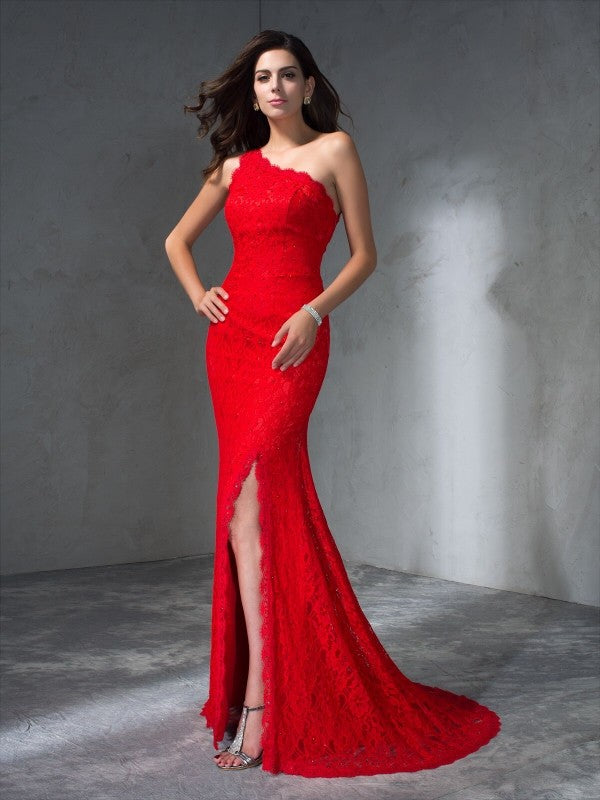 Trumpet/Mermaid One-Shoulder Sleeveless Long Lace Dresses