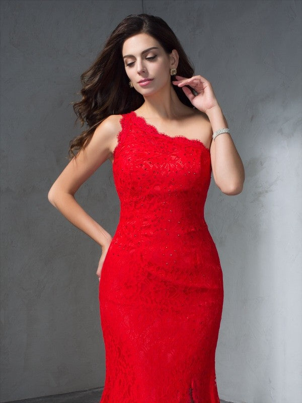 Trumpet/Mermaid One-Shoulder Sleeveless Long Lace Dresses