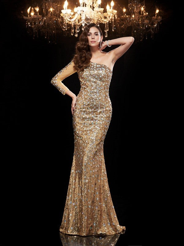 Gold Sequin One Shoulder Sheath/column Floor-Length Gown