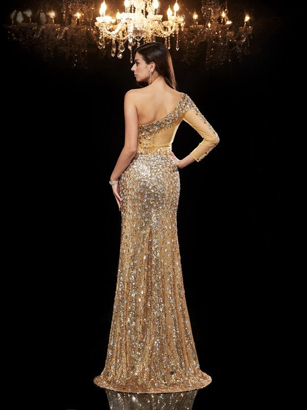Trumpet/Mermaid One-Shoulder Beading 3/4 Sleeves Long Sequins Dresses