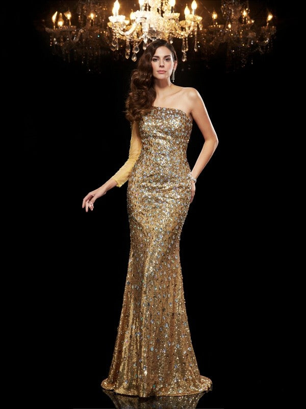 Vestidos largos de lentejuelas, mangas 3/4, corte trompeta/sirena, un hombro, con abalorios