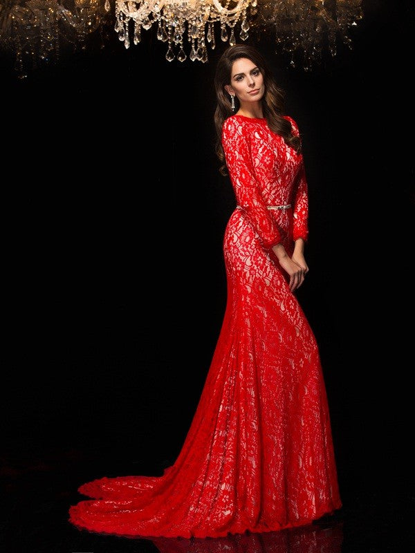 Vestidos largos de encaje con mangas 3/4 y corte tubo/columna tipo barco
