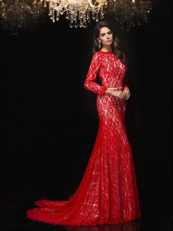 Vestidos largos de encaje con mangas 3/4 y corte tubo/columna tipo barco