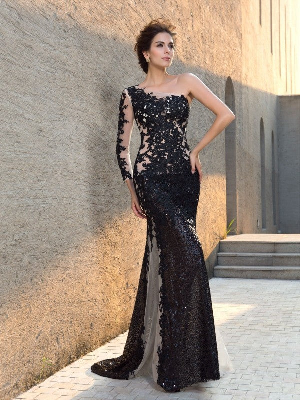 Black Sequin One Shoulder Sheath/column Floor-Length Evening Dress