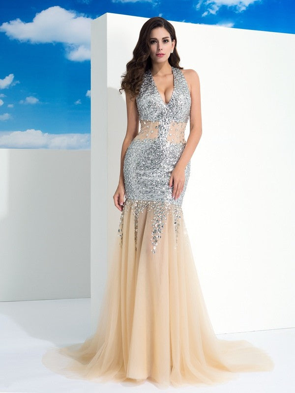 Sparkling Silver Sequin Halter Mermaid Evening Gown