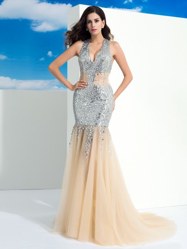 Abiti lunghi in rete senza maniche con scollo a V, scollo a V e paillettes