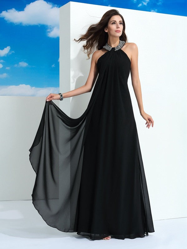 Black Chiffon A-Line Floor-Length Evening Dress with Embellished Halter Neck
