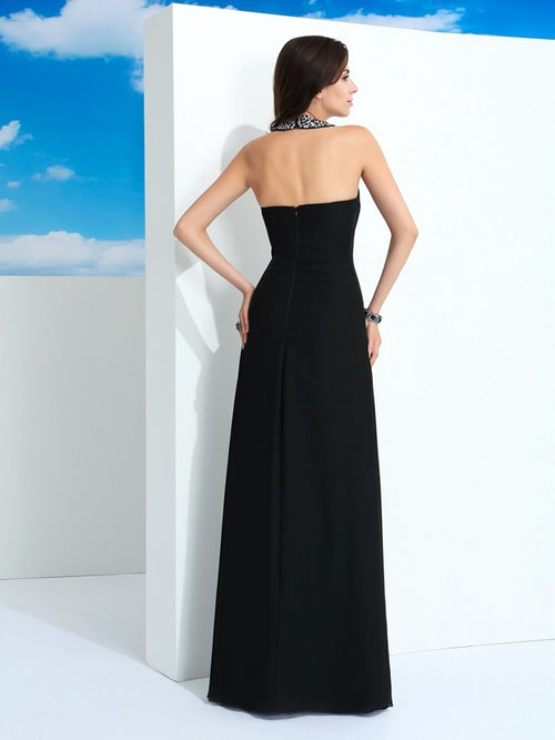 Black Chiffon A-Line Floor-Length Evening Dress with Embellished Halter Neck