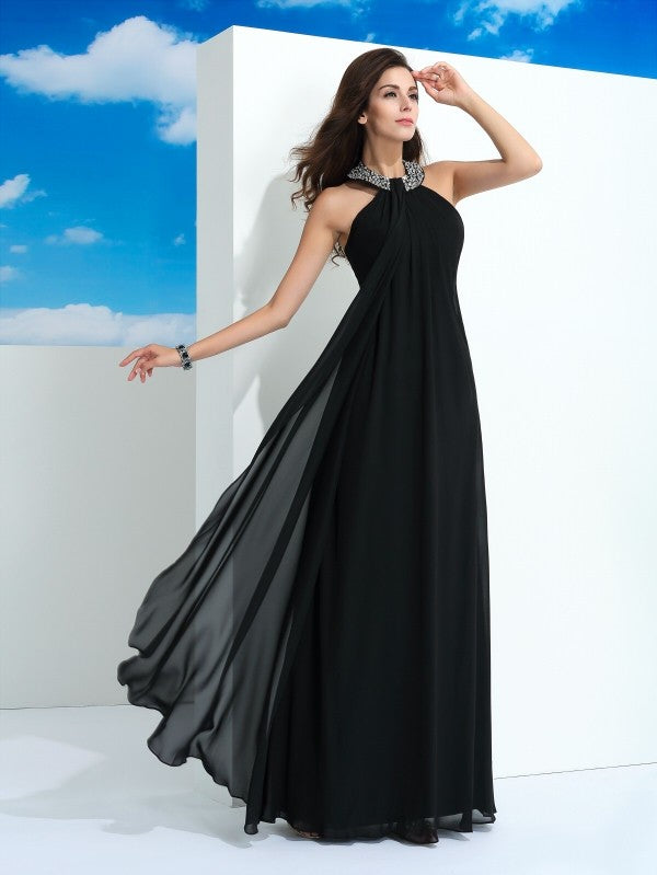 Black Chiffon A-Line Floor-Length Evening Dress with Embellished Halter Neck