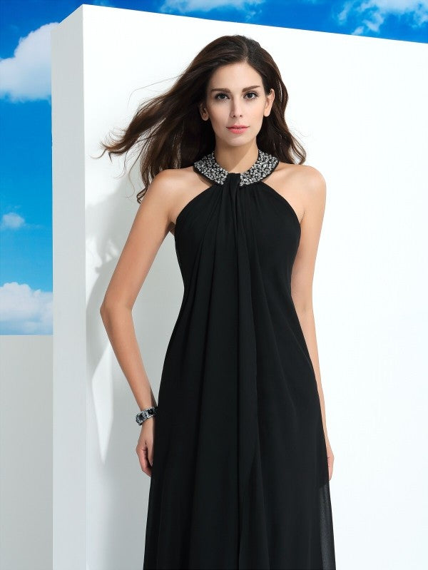 Black Chiffon A-Line Floor-Length Evening Dress with Embellished Halter Neck