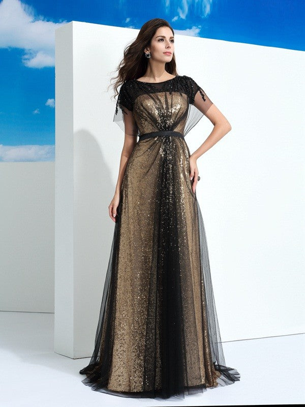 Gold and Black Sequin Tulle A-Line Floor-Length Evening Dress with Boat Neck