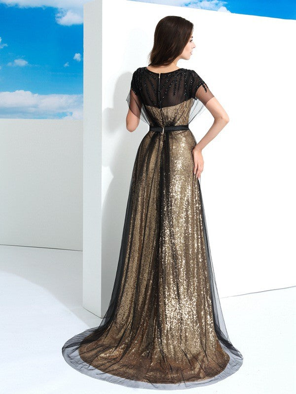 Gold and Black Sequin Tulle A-Line Floor-Length Evening Dress with Boat Neck