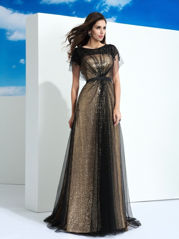 Vestidos de corte A/princesa con escote transparente, lentejuelas, mangas cortas y red larga