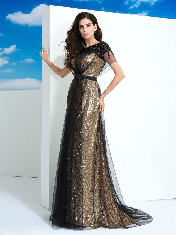 Gold and Black Sequin Tulle A-Line Floor-Length Evening Dress with Boat Neck
